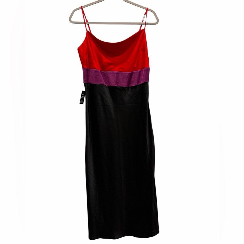 NWT Express Holiday Party Colorblock Silky Satin Red & Purple Midi Slip Dress M